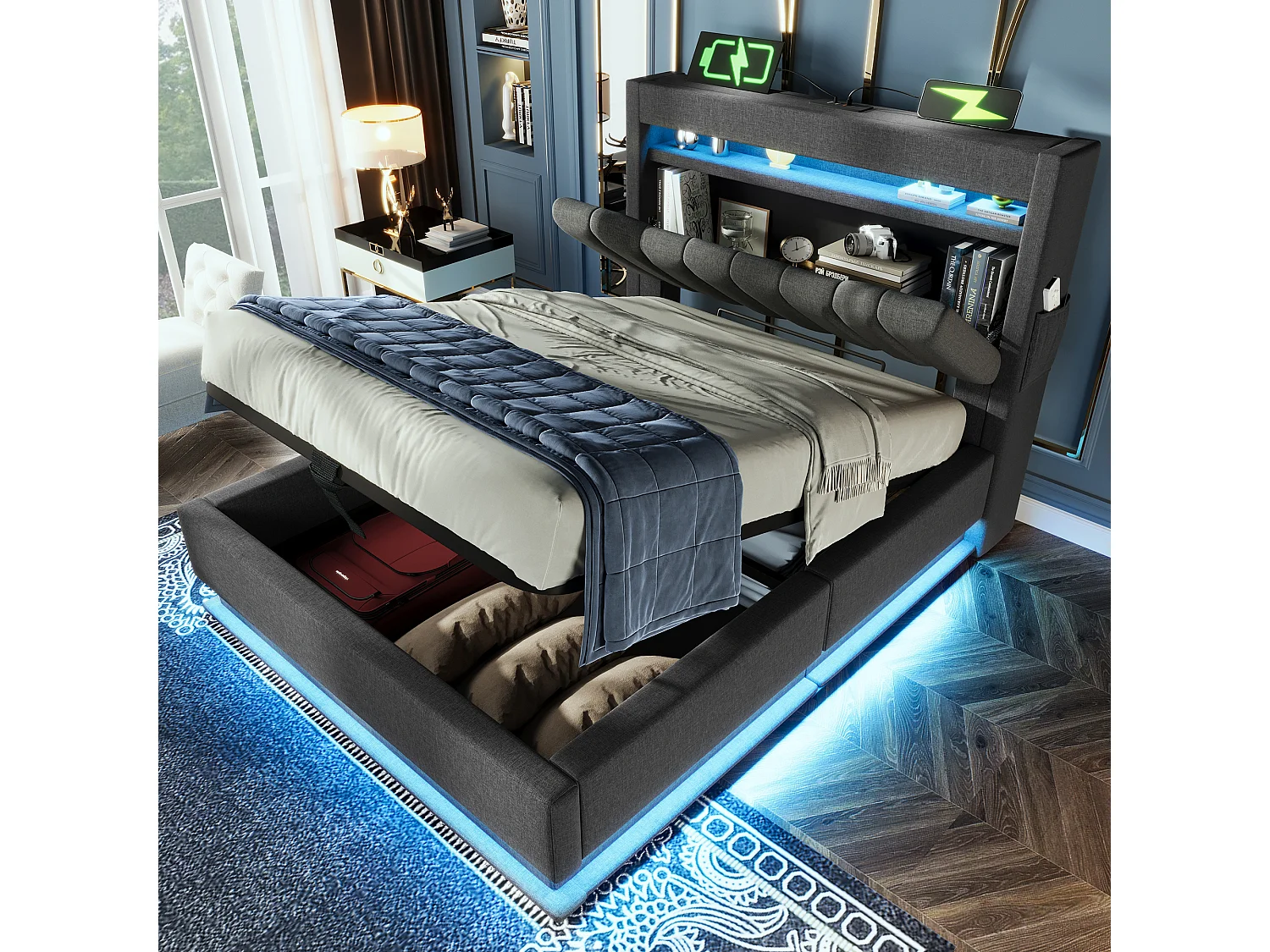 Bed 90x200 cm met opberghoofdeinde, USB- en Type-C-aansluitingen, LED-verlichting, met hydraulische opbergruimte, in grijs linnen (218x92x112 cm)