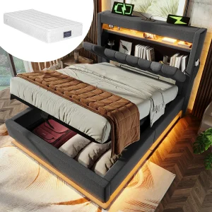 Bed 90×200 cm met opberghoofdeinde, USB- en Type-C-aansluitingen, LED-verlichting, hydraulische opbergruimte, grijs linnen, met matras (218x92x112 cm)