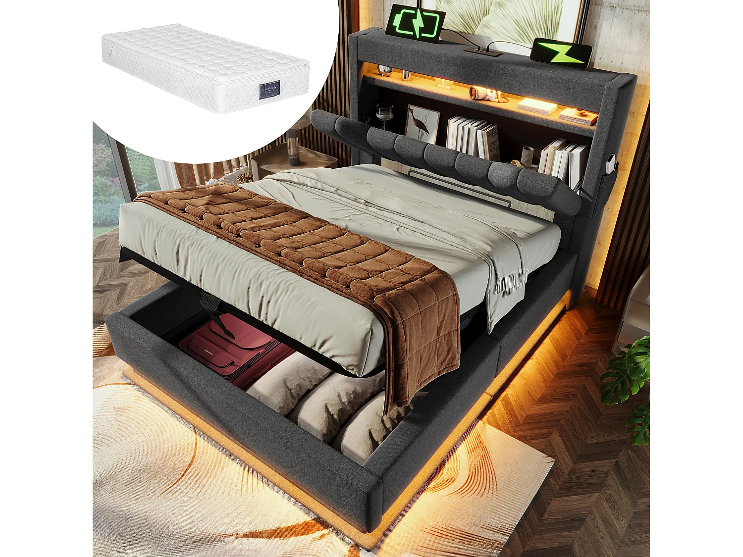Bed 90x200 cm met opberghoofdeinde, USB- en Type-C-aansluitingen, LED-verlichting, hydraulische opbergruimte, grijs linnen, met matras (218x92x112 cm)