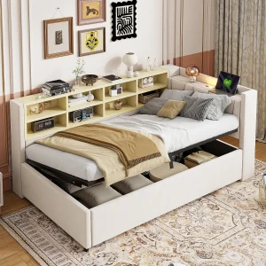 Beige fluwelen slaapbank 90x200cm met hydraulische opbergruimte, nachtlampje, USB- en Type-C-oplaadpoorten (zonder matras) Beige fluwelen slaapbank 90x200cm met hydraulische opbergruimte, nachtlampje, USB- en Type-C-oplaadpoorten (zonder matras)