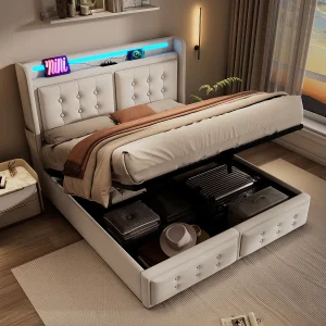 Beige opbergbed voor volwassenen met matras van 160×200 cm, 1 USB-poort en 1 Type-C-poort met hydraulische opbergruimte Beige opbergbed voor volwassenen met matras van 160×200 cm, 1 USB-poort en 1 Type-C-poort met hydraulische opbergruimte