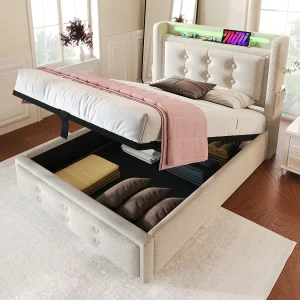 Beige kinderbed met opbergruimte, matras van 90×200 cm, 1 USB-aansluiting en 1 Type-C-aansluiting met hydraulische opbergruimte Beige kinderbed met opbergruimte, matras van 90×200 cm, 1 USB-aansluiting en 1 Type-C-aansluiting met hydraulische opbergruimte