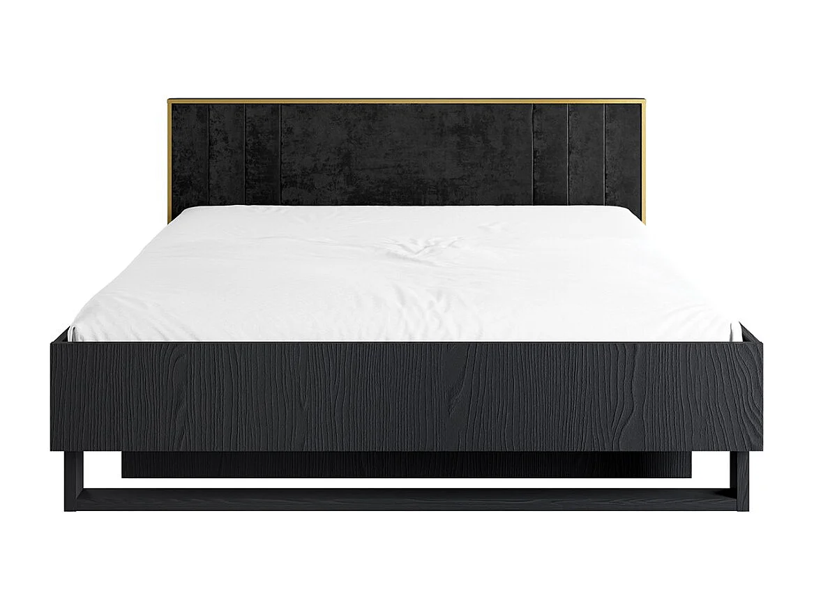 Bed MONDO - 160x200 cm - Zwart gestructureerd en goud - Metalen designpoten - Zonder lattenbodem