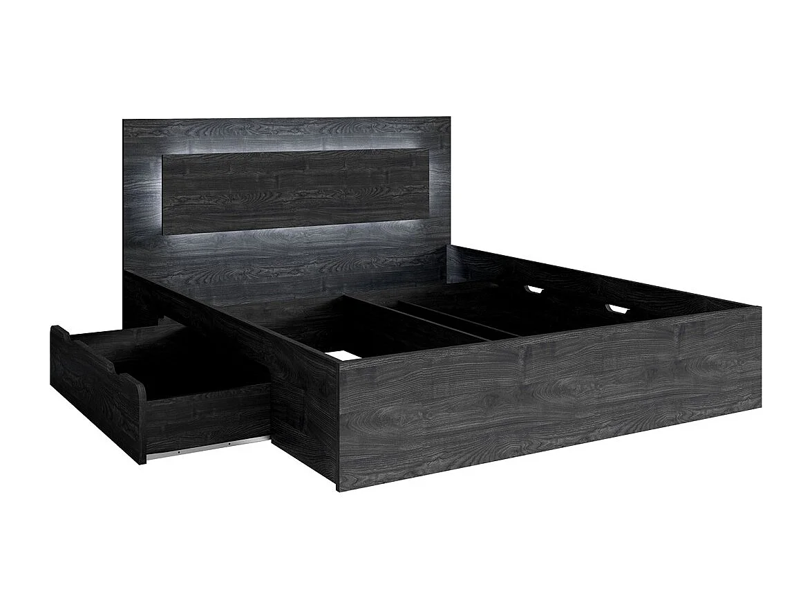 Bed VELTIS 180x200 cm met LED-hoofdbord - Kleur zwart essen - Lattenbodem en matras niet inbegrepen