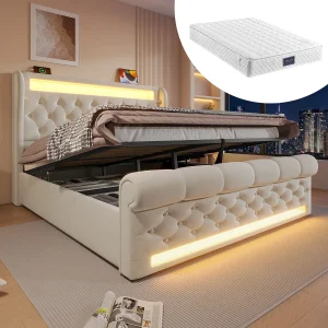 Beige fluwelen opbergbed 140x200cm met LED-verlichting, USB- en Type-C-poorten, hydraulische opbergruimte Beige fluwelen opbergbed 140x200cm met LED-verlichting, USB- en Type-C-poorten, hydraulische opbergruimte