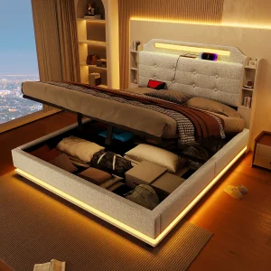 Beige linnen opbergbed 140x200cm met LED-verlichting en opbergruimte (zonder matras) Beige linnen opbergbed 140x200cm met LED-verlichting en opbergruimte (zonder matras)
