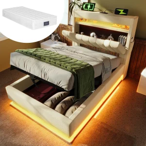 Beige linnen opbergbed 90×200 cm met USB- en Type-C-poorten, LED-verlichting en matras Beige linnen opbergbed 90×200 cm met USB- en Type-C-poorten, LED-verlichting en matras