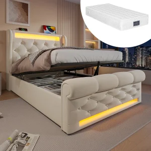 Beige fluwelen opbergbed 90x200cm met LED-verlichting, USB- en Type-C-poorten, hydraulische opbergruimte Beige fluwelen opbergbed 90x200cm met LED-verlichting, USB- en Type-C-poorten, hydraulische opbergruimte