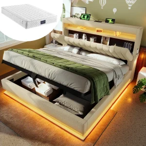 Beige linnen opbergbed 140×200 cm met USB- en Type-C-poorten, LED-verlichting en matras Beige linnen opbergbed 140×200 cm met USB- en Type-C-poorten, LED-verlichting en matras
