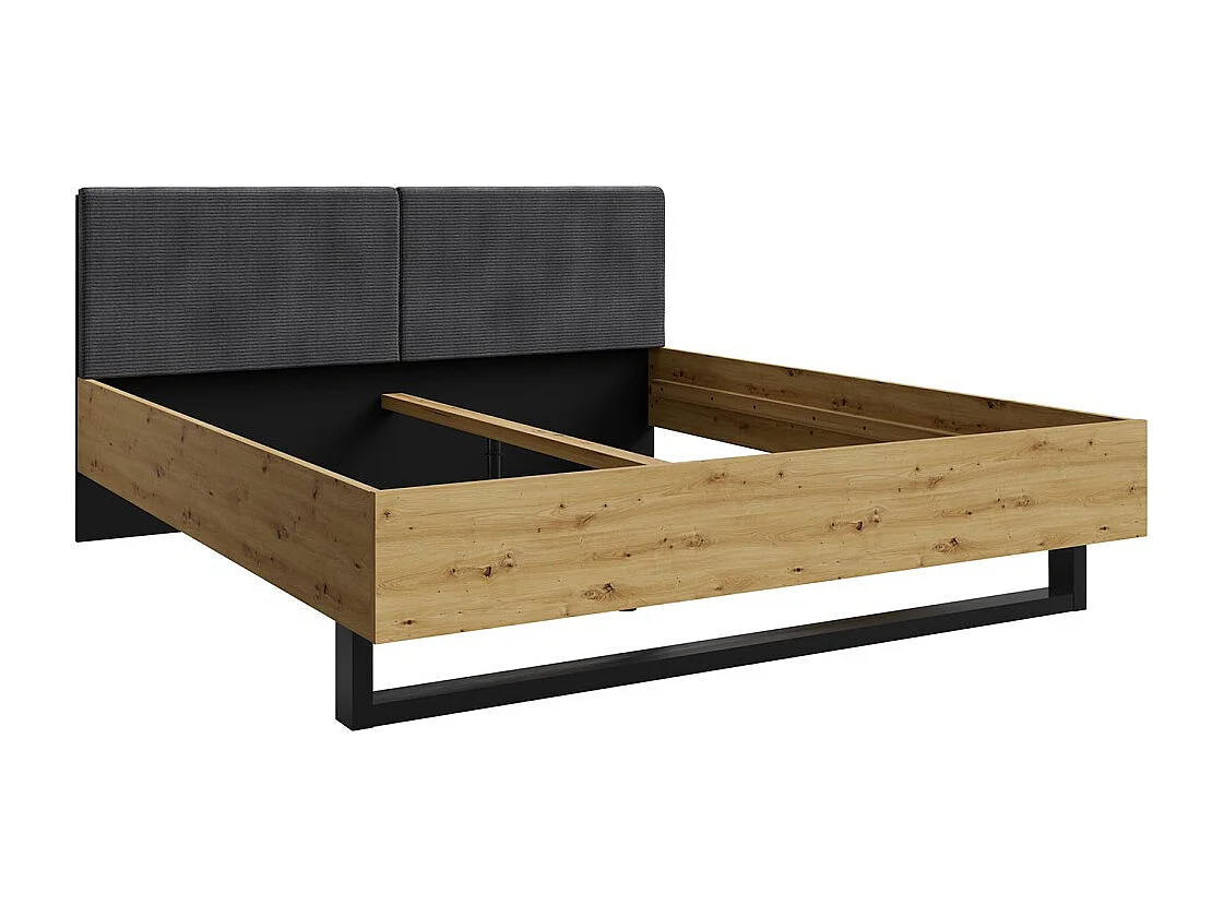 Bed MELODY 160x200 cm - Hoofdbord gestoffeerd - Grafietzwart en licht eiken - Lattenbodem en matras niet inbegrepen