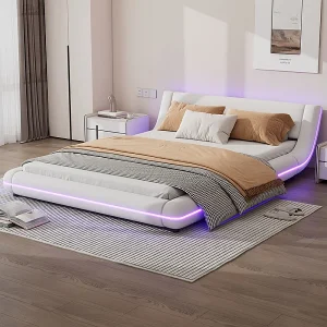 Bedframe met LED en afstandsbediening – 140 x 200 cm – gepolsterd in PU-leer – Wit Bedframe met LED en afstandsbediening – 140 x 200 cm – gepolsterd in PU-leer – Wit