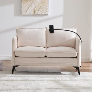 Beige chenille tweezitsbank met zijzakken, oplaadpoort en telefoonhouder – voor woonkamer en slaapkamer Beige chenille tweezitsbank met zijzakken, oplaadpoort en telefoonhouder – voor woonkamer en slaapkamer