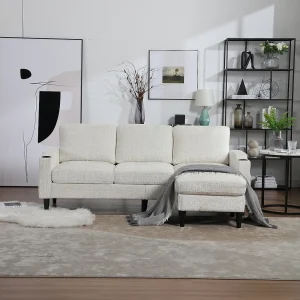 Beige Chenille 4-zits modulaire bank met opbergpoef, bekerhouders en zijzakken – voor de woonkamer Beige Chenille 4-zits modulaire bank met opbergpoef, bekerhouders en zijzakken – voor de woonkamer