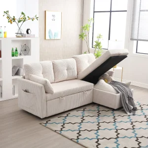 Beige, zachte, omvormbare hoekbank met opbergruimte en uitschuifbare chaise longue – voor woonkamer of studio Beige, zachte, omvormbare hoekbank met opbergruimte en uitschuifbare chaise longue – voor woonkamer of studio