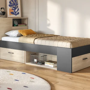 Bed LEANDRE met hoofdeinde, opbergruimte en lades – Eiken & naturel + Bedbodem en matras Bed LEANDRE met hoofdeinde, opbergruimte en lades – Eiken & naturel + Bedbodem en matras