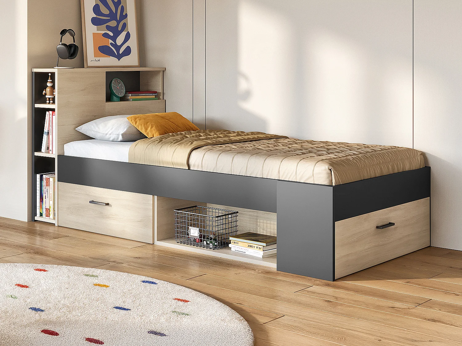Bed LEANDRE met hoofdeinde, opbergruimte en lades - Eiken & naturel + Bedbodem en matras