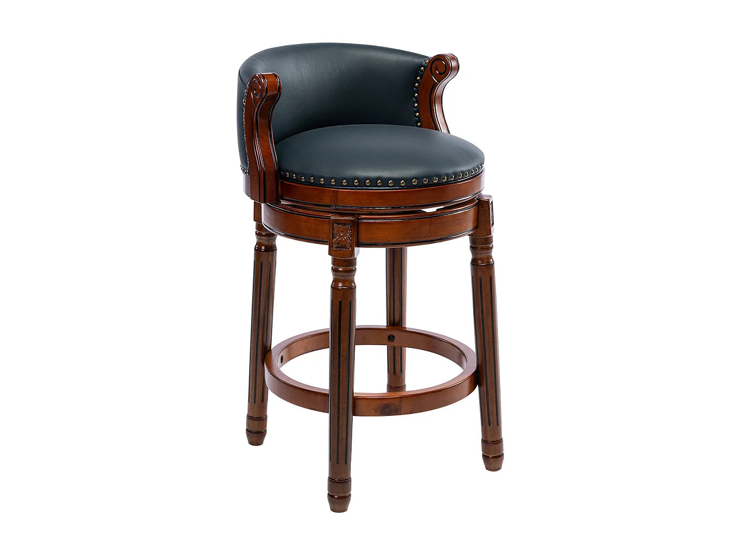 Barkruk van echt leer met rugleuning, 360° draaibaar, houten frame, blauw (54,8x54,8x96 cm)