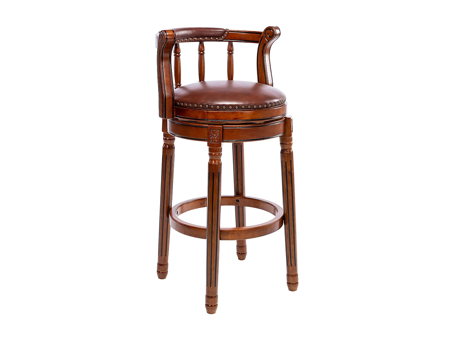 Barkruk van echt leer - modern design met rugleuning, houten frame, 360° draaibaar, bruin (54,8 x 54,8 x 96 cm)