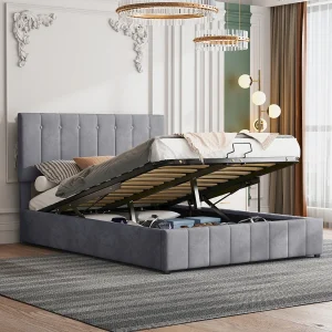 Bed met opbergruimte 140×200 cm – grijze fluwelen stof – gestoffeerd bed met verstelbaar hoofdeinde – metalen lattenbodem