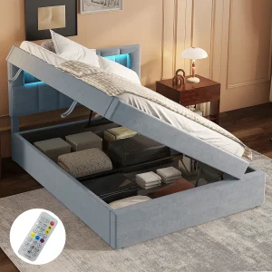Bed met opbergruimte 90×200 cm, grijs fluweel, Volwassen bed met gestoffeerd hoofdbord en ledverlichting, zonder matras