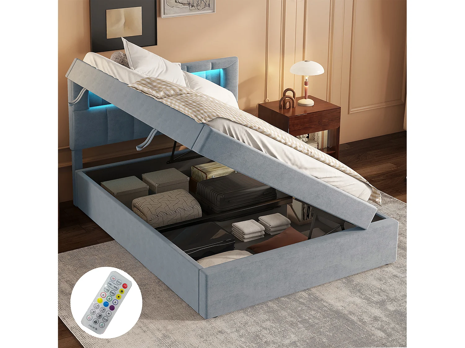 Bed met opbergruimte 90x200 cm, grijs fluweel, Volwassen bed met gestoffeerd hoofdbord en ledverlichting, zonder matras