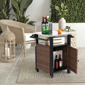 Barwagen met enkele deur, buitenkeuken van rotan, uitschuifbare tafel van roestvrij staal, met wielen en zijhandgreep (76x56x85 cm) Barwagen met enkele deur, buitenkeuken van rotan, uitschuifbare tafel van roestvrij staal, met wielen en zijhandgreep (76x56x85 cm)