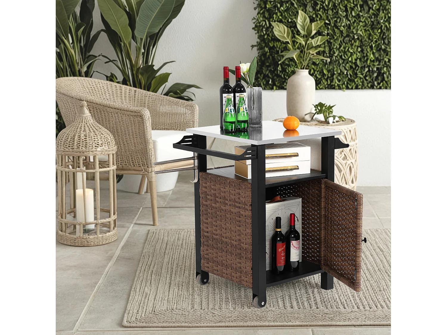 Barwagen met enkele deur, buitenkeuken van rotan, uitschuifbare tafel van roestvrij staal, met wielen en zijhandgreep (76x56x85 cm)