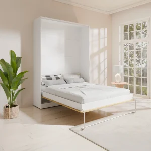 Verticaal inklapbaar bed 160 x 200 cm naturel en wit – BEGANIO Verticaal inklapbaar bed 160 x 200 cm naturel en wit – BEGANIO