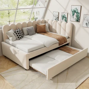 Bed 140×200 met uitschuifbaar bed 90×190, 2-zits slaapbank met lattenbodem, fluweel, beige Bed 140×200 met uitschuifbaar bed 90×190, 2-zits slaapbank met lattenbodem, fluweel, beige