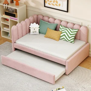 Bed 140×200 met uitschuifbaar bed 90×190, 2-zits slaapbank met lattenbodem, fluweel, roze Bed 140×200 met uitschuifbaar bed 90×190, 2-zits slaapbank met lattenbodem, fluweel, roze