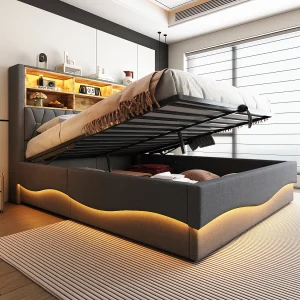 Bed 180×200 met LED en USB, met opbergvak, tweepersoonsbed met lattenbodem, linnen, grijs Bed 180×200 met LED en USB, met opbergvak, tweepersoonsbed met lattenbodem, linnen, grijs