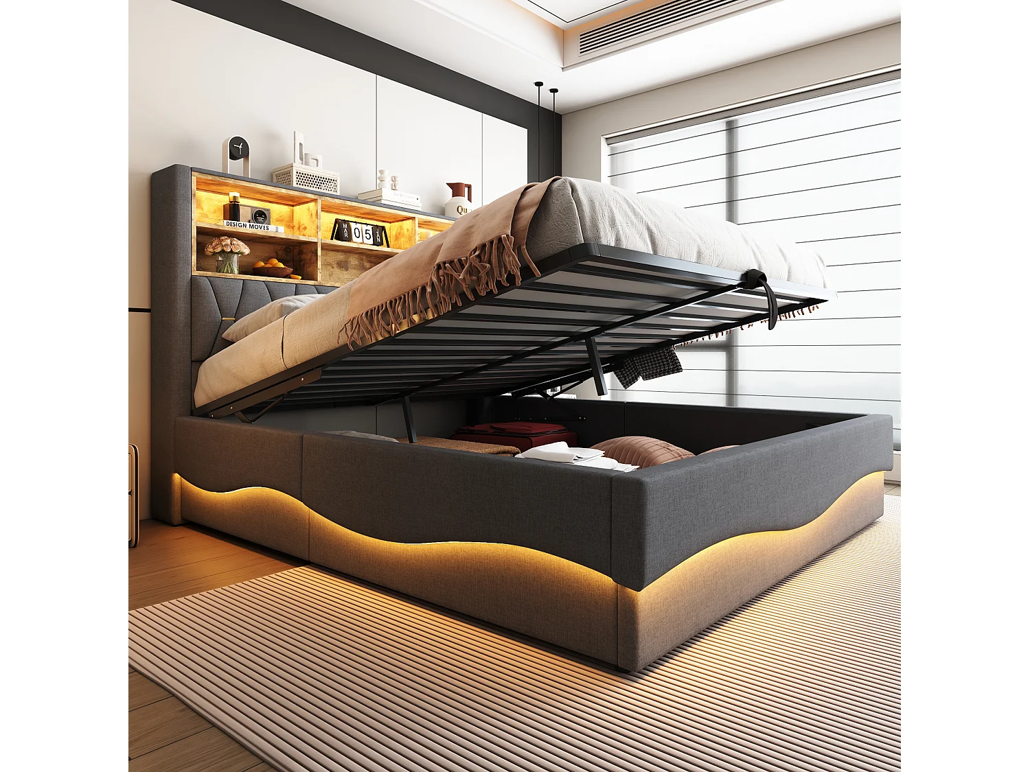 Bed 180x200 met LED en USB, met opbergvak, tweepersoonsbed met lattenbodem, linnen, grijs