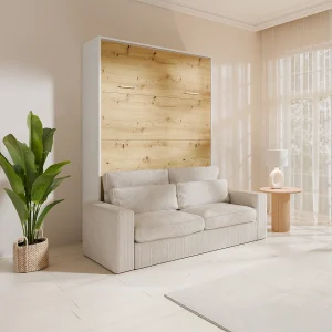 Verticaal Opklapbaar bed 140 x 200 cm kleur naturel en wit + bank – BEGANIO Verticaal Opklapbaar bed 140 x 200 cm kleur naturel en wit + bank – BEGANIO
