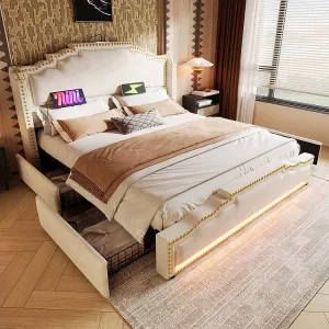 Bed met opbergruimte 180×200 tweepersoonsbed voor tieners met 4 lades, ledverlichting en USB-C-oplaadpoort, zonder matras, in beige fluweel Bed met opbergruimte 180×200 tweepersoonsbed voor tieners met 4 lades, ledverlichting en USB-C-oplaadpoort, zonder matras, in beige fluweel
