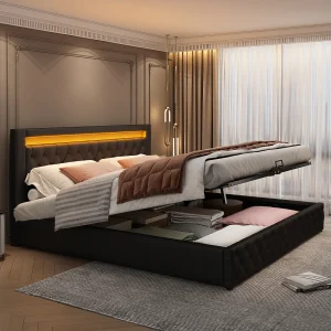 Bed met opbergruimte 140 x 200 cm – zwart PU – met ledverlichting – lattenbodem – zonder matras Bed met opbergruimte 140 x 200 cm – zwart PU – met ledverlichting – lattenbodem – zonder matras
