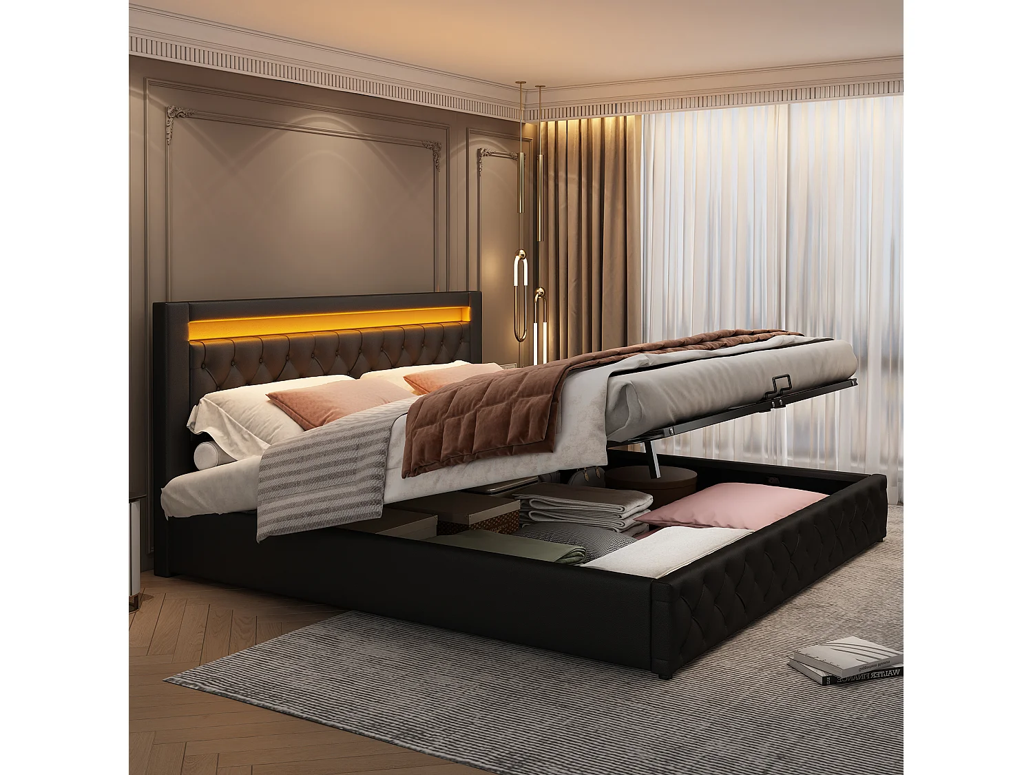 Bed met opbergruimte 140 x 200 cm - zwart PU - met ledverlichting - lattenbodem - zonder matras