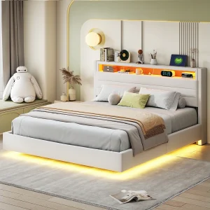 Bed met opbergruimte 160×200 cm, Bed met LED-verlichting en USB-aansluiting, met opbergruimte, Linnen stof, Beige Bed met opbergruimte 160×200 cm, Bed met LED-verlichting en USB-aansluiting, met opbergruimte, Linnen stof, Beige
