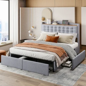 Bed 140 x 200 cm met opbergruimte en USB-aansluiting – Structuur met 4 lades en lattenbodem, Grijs