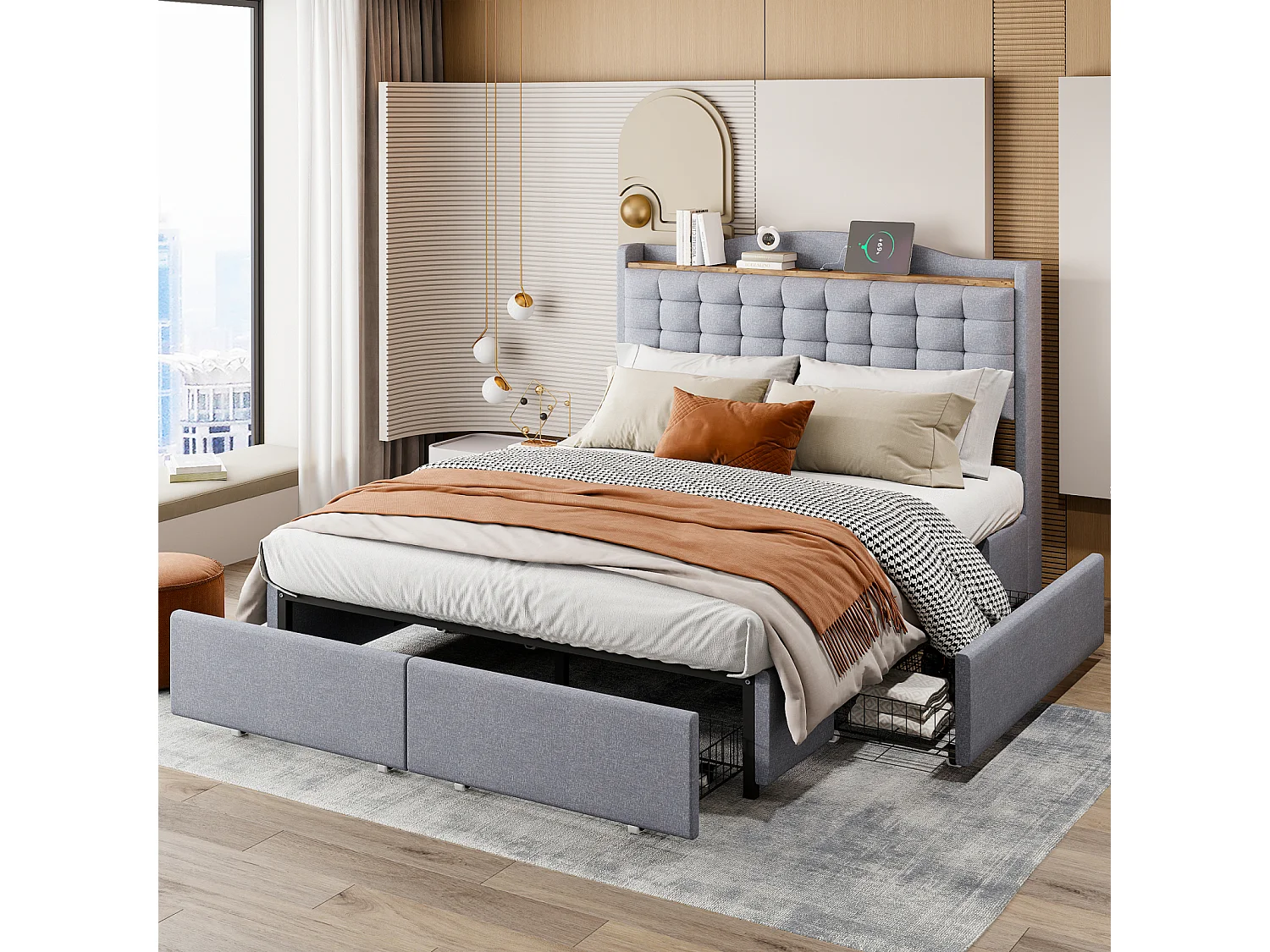Bed 140 x 200 cm met opbergruimte en USB-aansluiting - Structuur met 4 lades en lattenbodem, Grijs