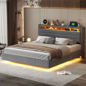Bed met opbergruimte 160×200 cm, Bed met LED-verlichting en USB-aansluiting, met opbergruimte, Linnen stof, Grijs Bed met opbergruimte 160×200 cm, Bed met LED-verlichting en USB-aansluiting, met opbergruimte, Linnen stof, Grijs