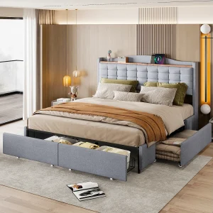 Bed 160 x 200 cm met opbergruimte en USB-aansluiting – Structuur met 4 lades en lattenbodem, Grijs Bed 160 x 200 cm met opbergruimte en USB-aansluiting – Structuur met 4 lades en lattenbodem, Grijs