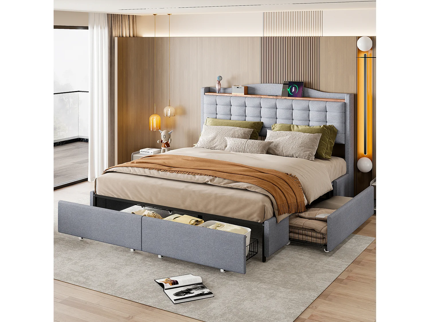 Bed 160 x 200 cm met opbergruimte en USB-aansluiting - Structuur met 4 lades en lattenbodem, Grijs