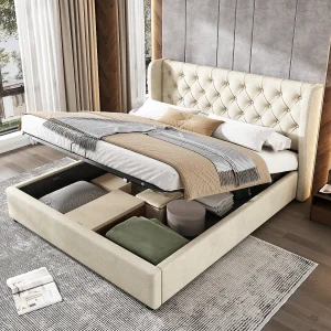 Bed met opbergruimte 140×200 cm – Beige fluweel – Volwassen bed met gewatteerd hoofdbord en lattenbodem – Zonder matras Bed met opbergruimte 140×200 cm – Beige fluweel – Volwassen bed met gewatteerd hoofdbord en lattenbodem – Zonder matras