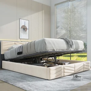 Bed met opbergruimte 140×200 cm – beige fluwelen stof – volwassen bed met in hoogte verstelbaar hoofdbord – zonder matras Bed met opbergruimte 140×200 cm – beige fluwelen stof – volwassen bed met in hoogte verstelbaar hoofdbord – zonder matras