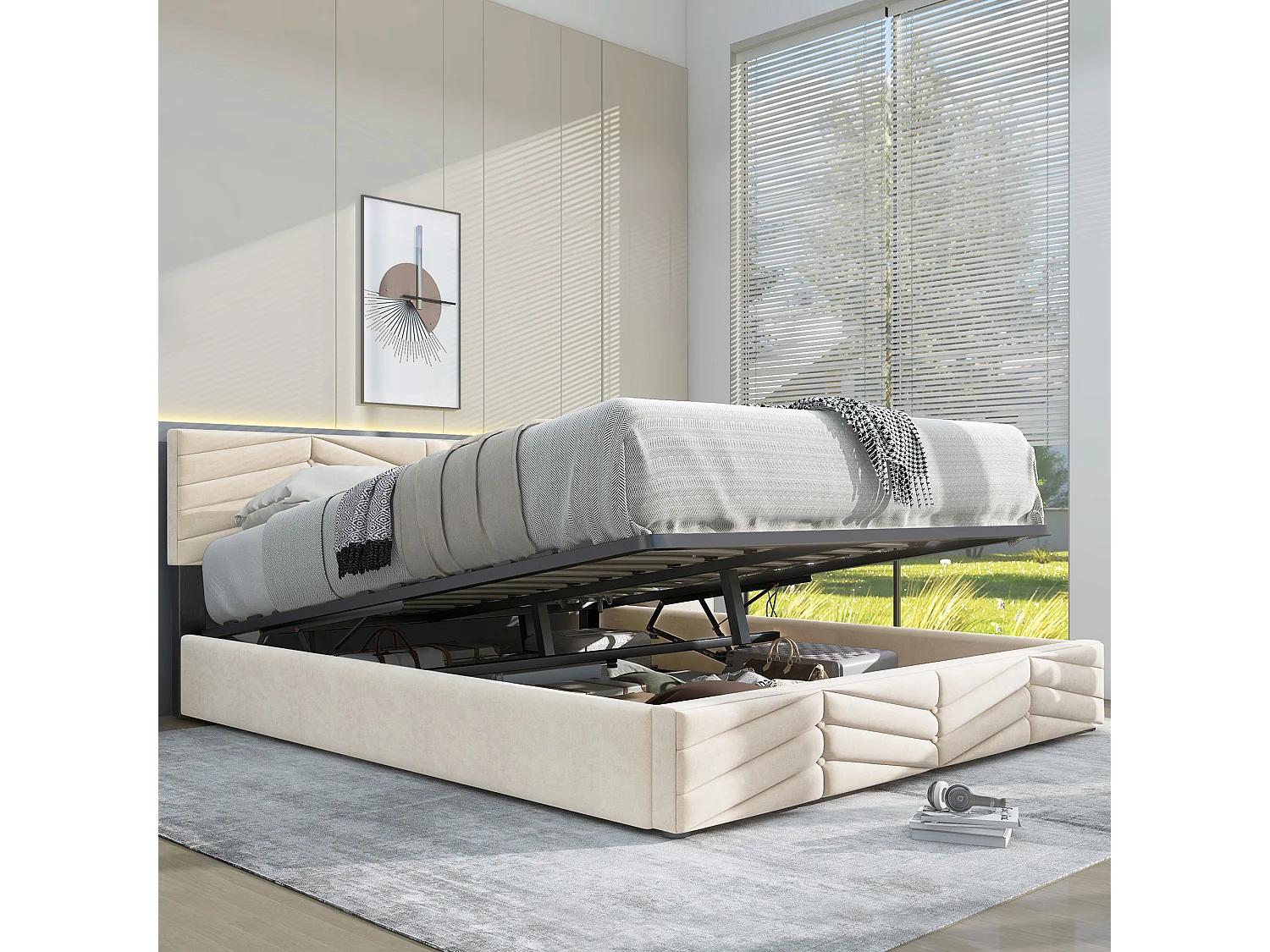 Bed met opbergruimte 140x200 cm - beige fluwelen stof - volwassen bed met in hoogte verstelbaar hoofdbord - zonder matras