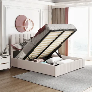 Bed met opbergruimte 140×200 cm – crèmewitte fluwelen stof – gestoffeerd bed met verstelbaar hoofdeinde – metalen lattenbodem