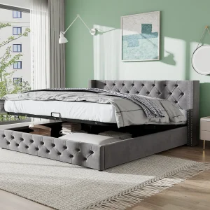Bed 140×200 cm – grijs fluweel – bed met opbergruimte met gewatteerd hoofdbord en lattenbodem – zonder matras Bed 140×200 cm – grijs fluweel – bed met opbergruimte met gewatteerd hoofdbord en lattenbodem – zonder matras