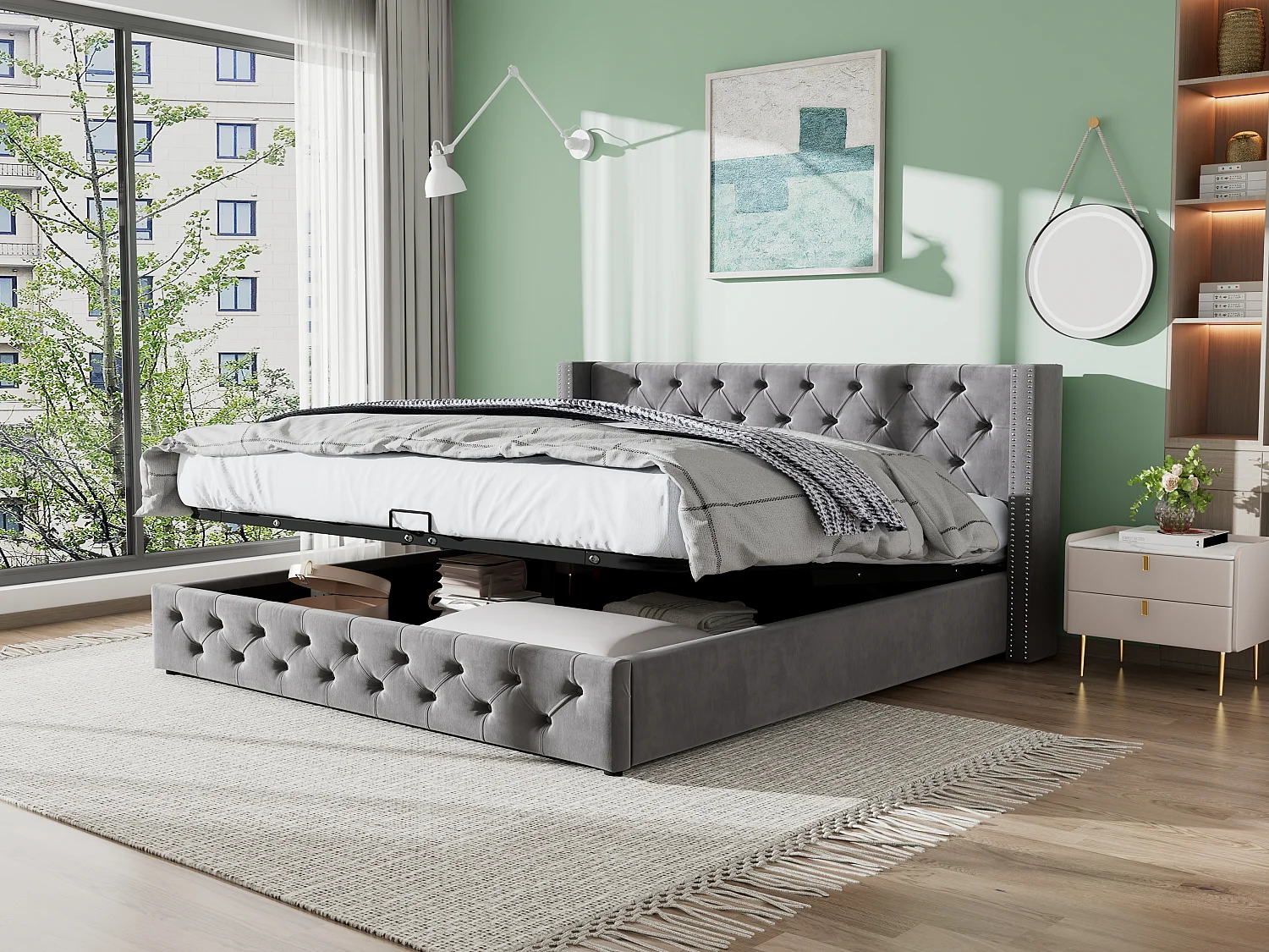 Bed 140x200 cm - grijs fluweel - bed met opbergruimte met gewatteerd hoofdbord en lattenbodem - zonder matras