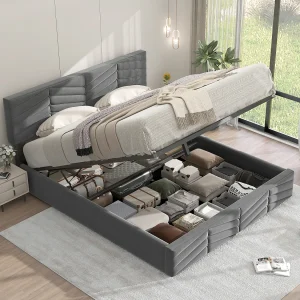 Bed met opbergruimte 140×190 cm – grijze fluwelen stof – tienerbed met in hoogte verstelbaar hoofdbord – zonder matras Bed met opbergruimte 140×190 cm – grijze fluwelen stof – tienerbed met in hoogte verstelbaar hoofdbord – zonder matras
