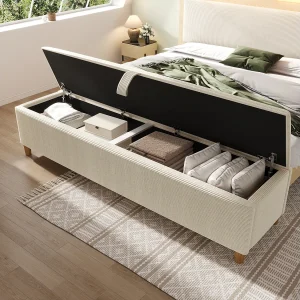 Bedbank met hydraulische opbergruimte, elegant design, corduroy en hout, beige (145x38x46 cm)
